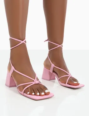 Aloha Pink Lace Up Block Mid Heeled Sandals