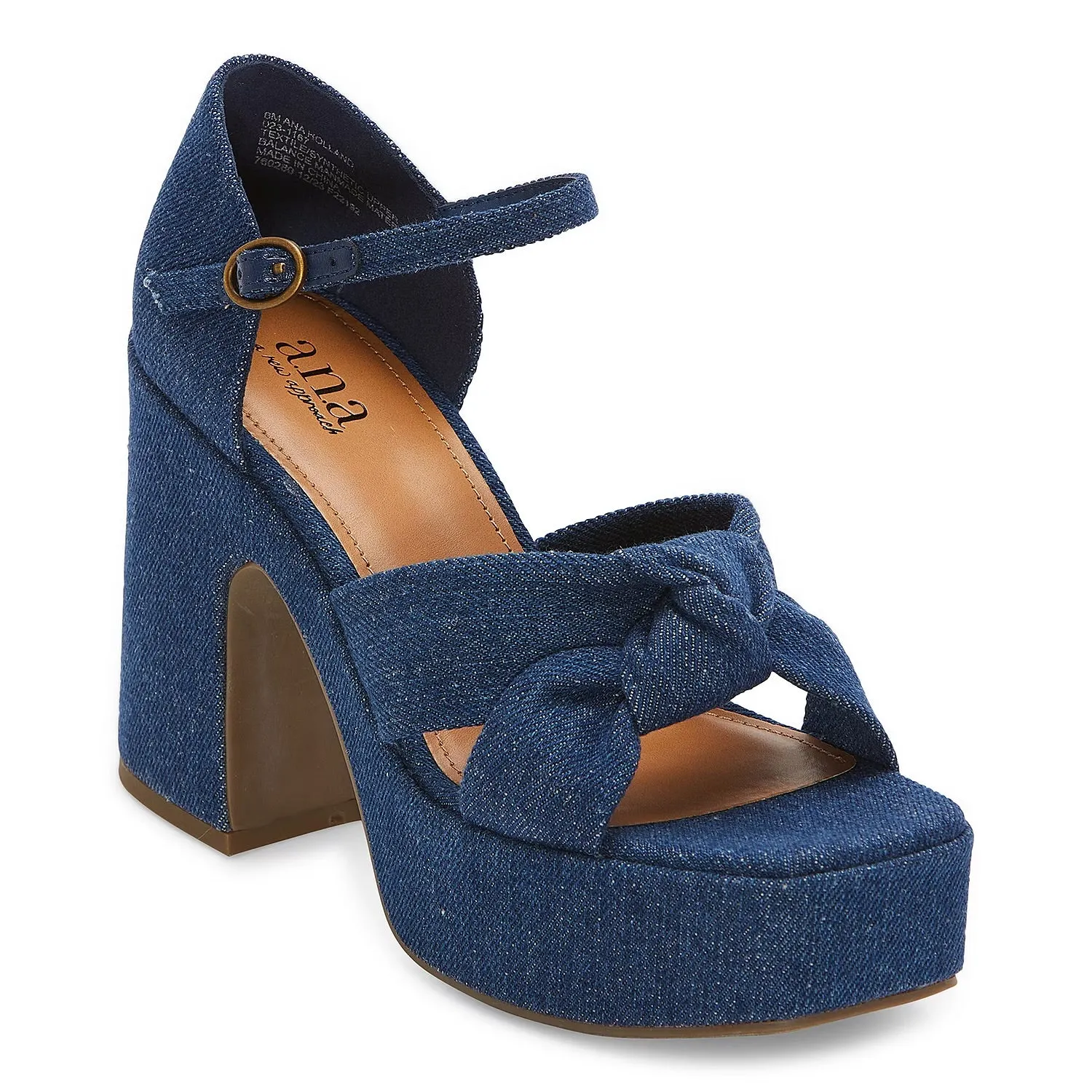 A.N.A KNOT BLOCK HEEL DENIM SANDAL IN BLUE