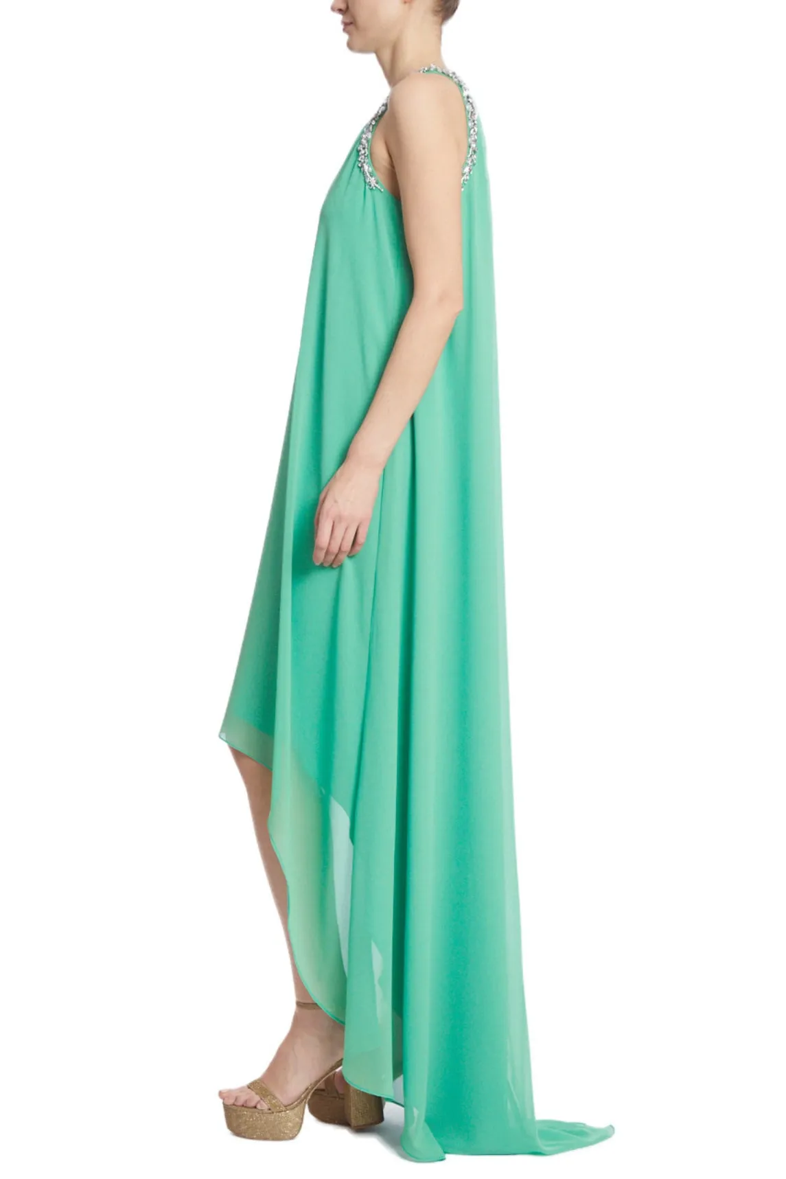 Badgley Mischka crystal trim high low column gown