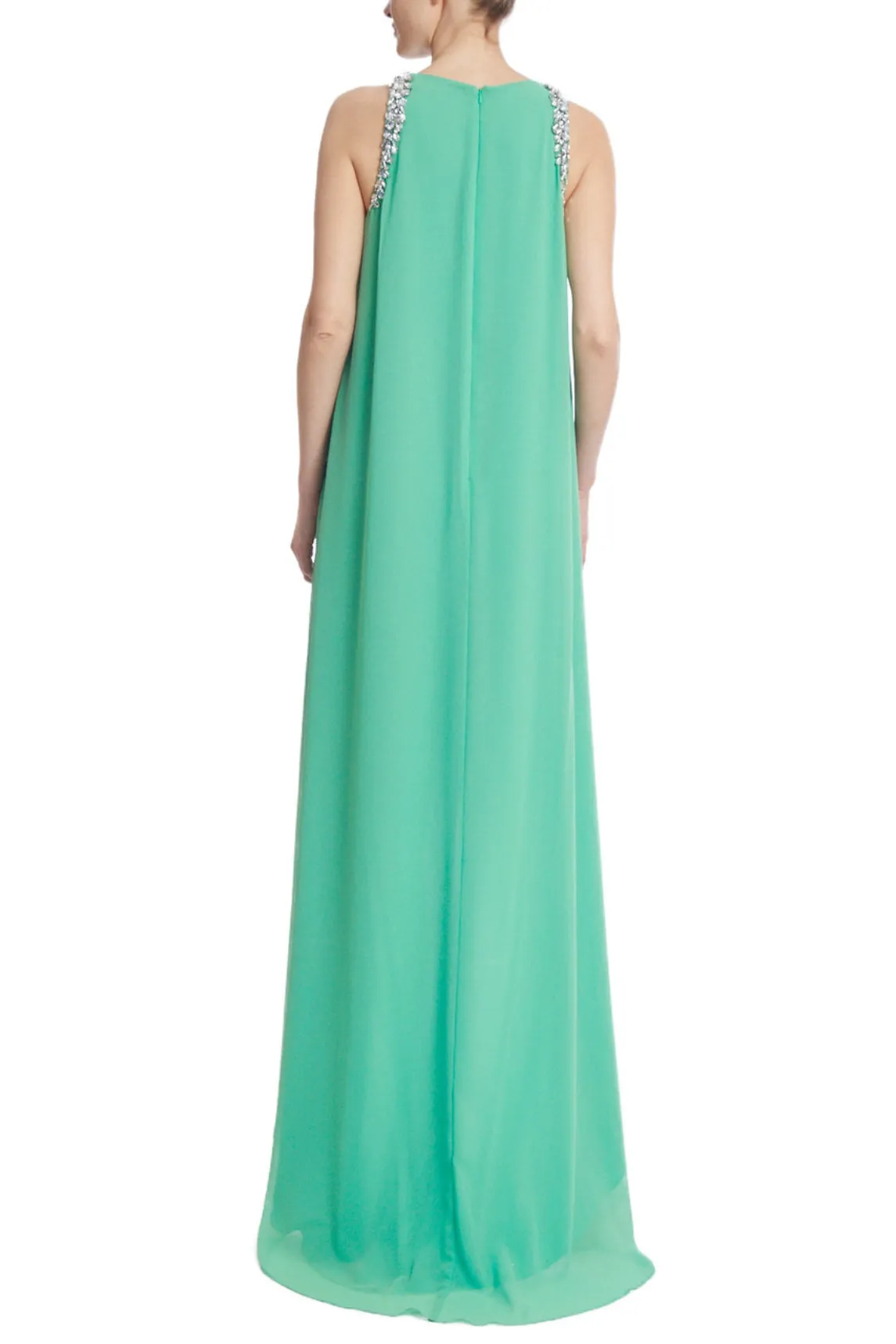 Badgley Mischka crystal trim high low column gown