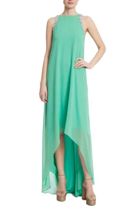 Badgley Mischka crystal trim high low column gown