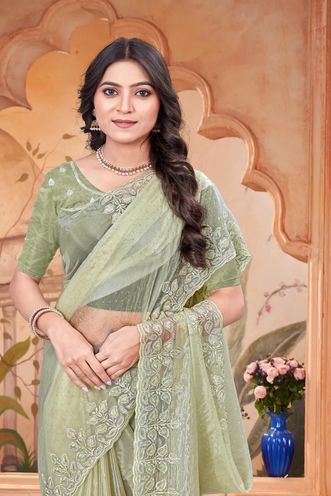 Beautiful Crystal Green Embroidered Saree