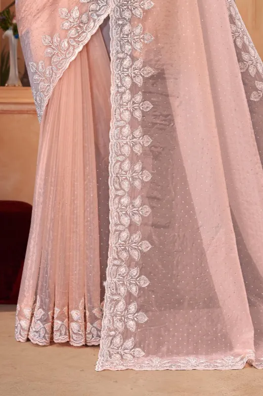 Beautiful Crystal Peach Embroidered Saree
