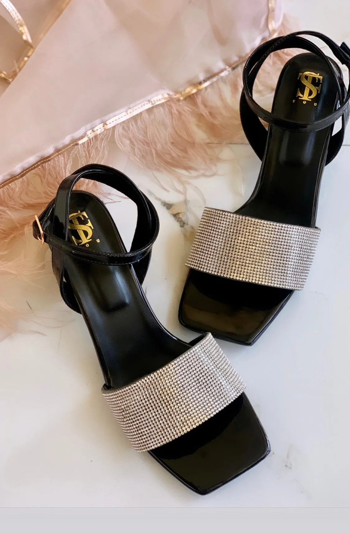 Black Diamantine Mid block heels
