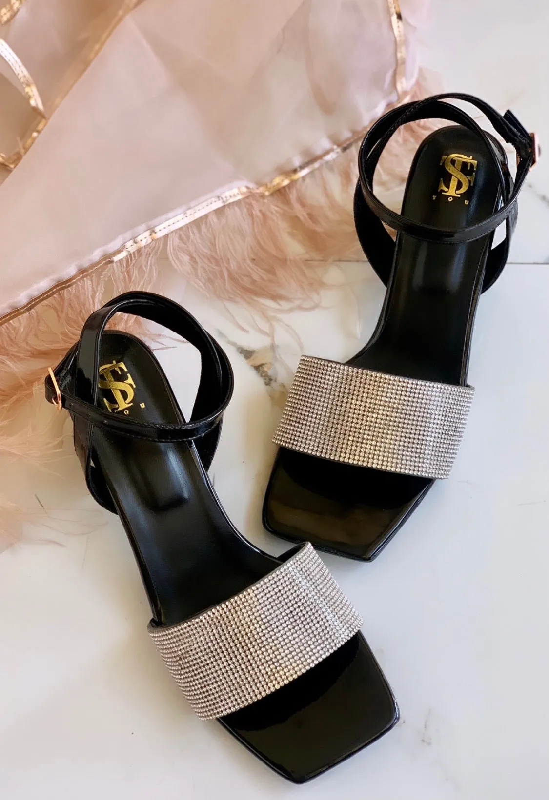 Black Diamantine Mid block heels