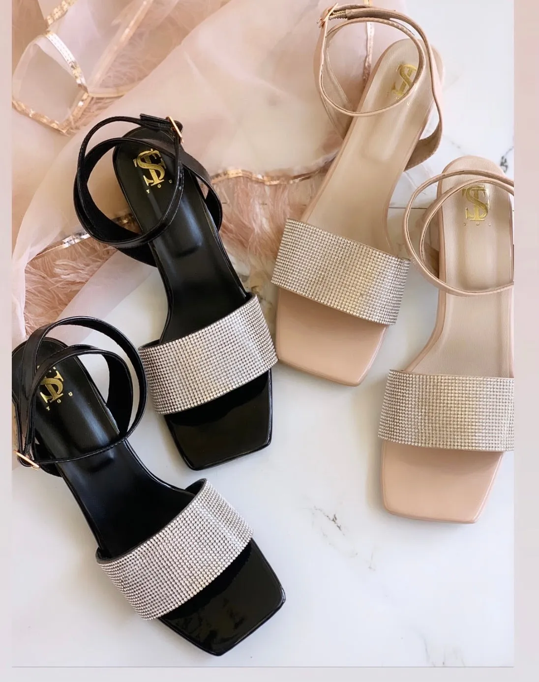 Black Diamantine Mid block heels