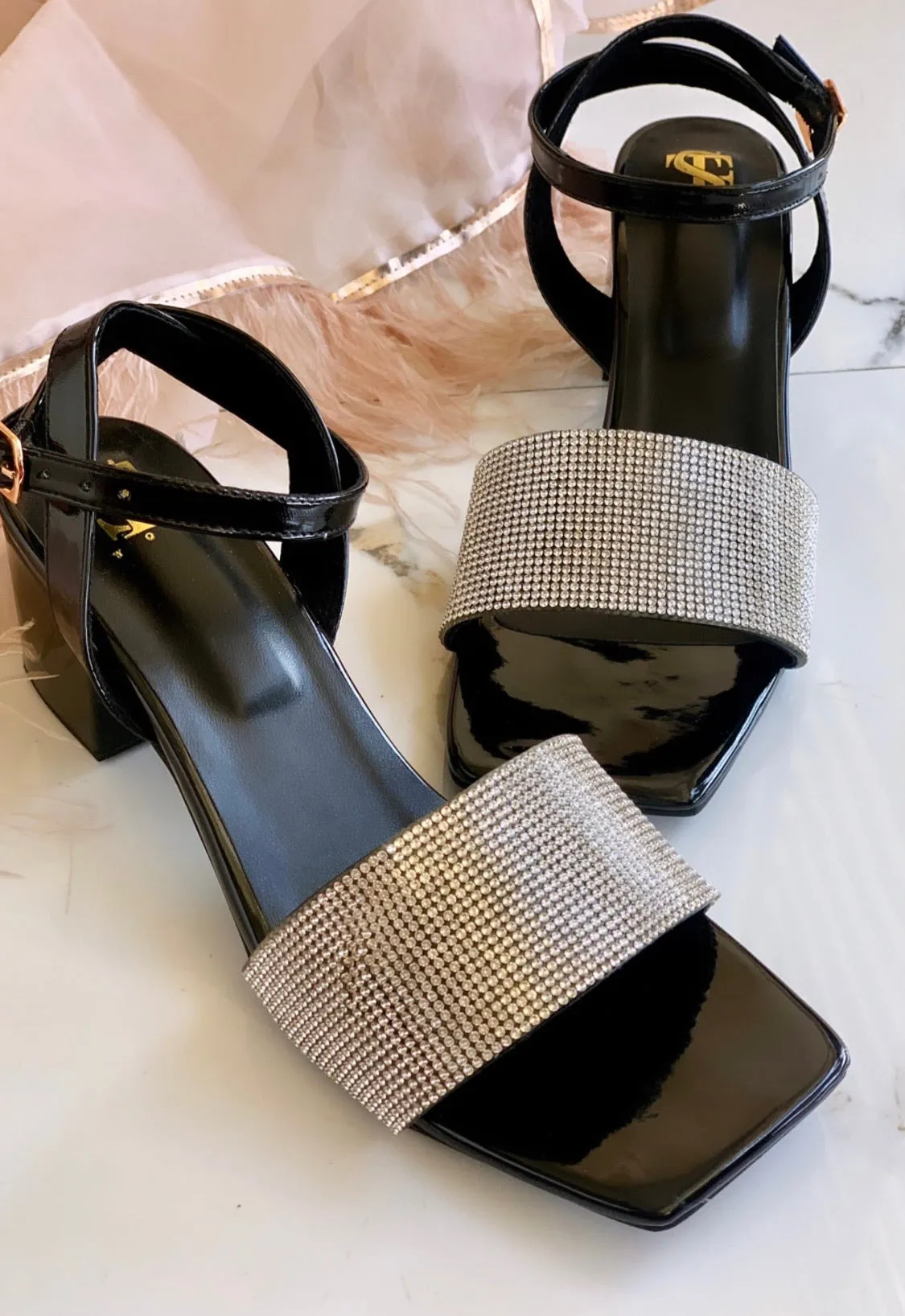 Black Diamantine Mid block heels