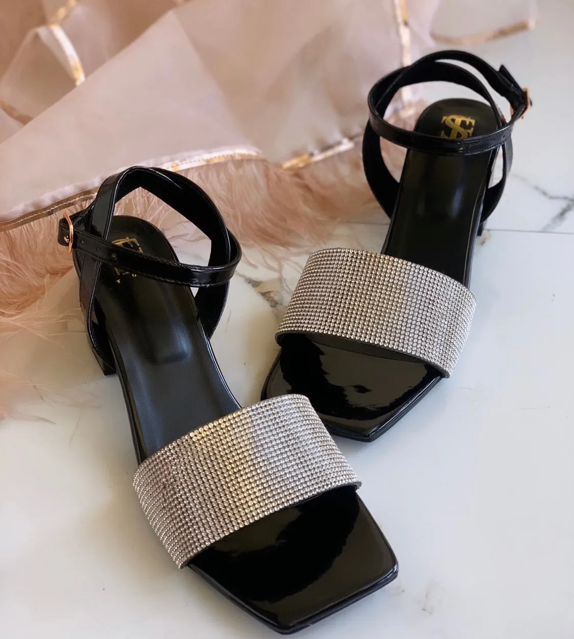 Black Diamantine Mid block heels