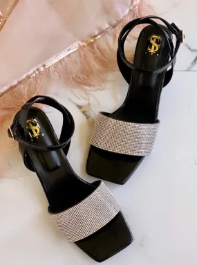 Black Diamantine Mid block heels