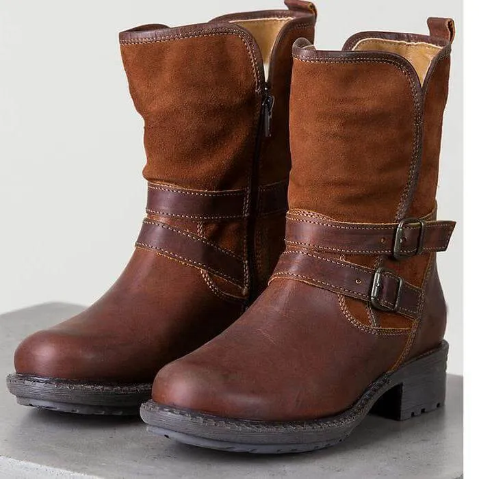 Brown Leather Low Heel Suede Calf Boots