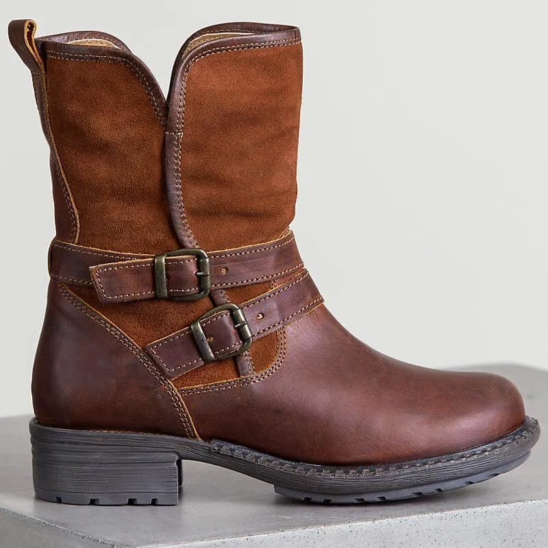Brown Leather Low Heel Suede Calf Boots