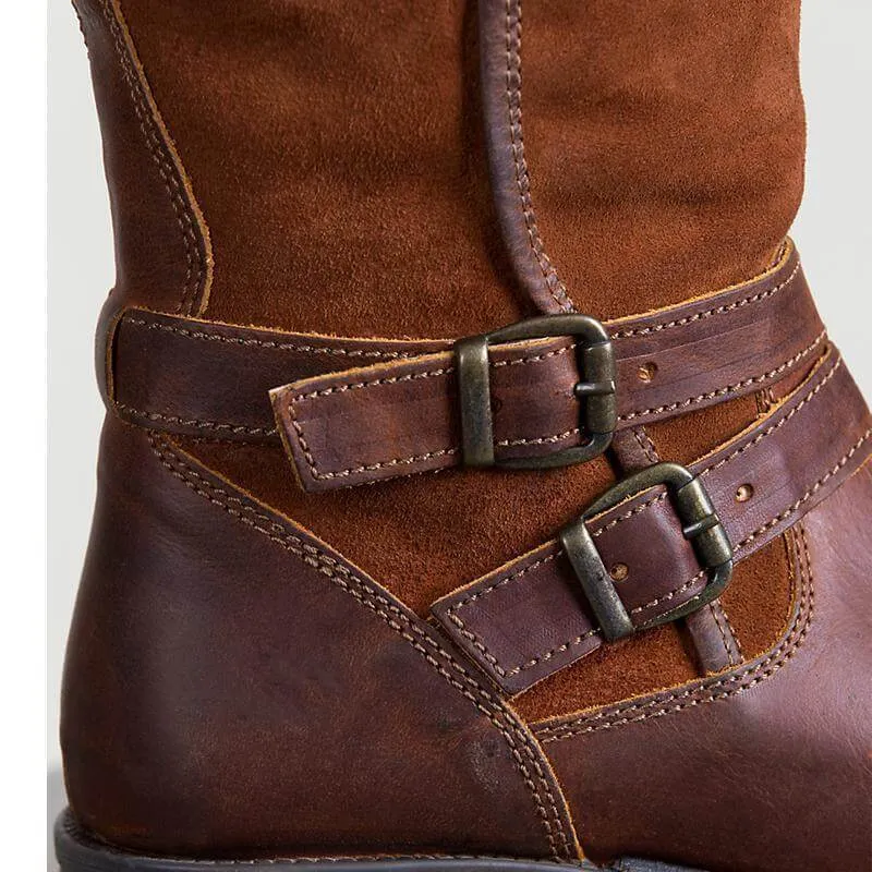 Brown Leather Low Heel Suede Calf Boots