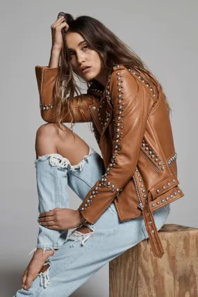 Brown Women Style Silver Spiked Studded Leather jacket