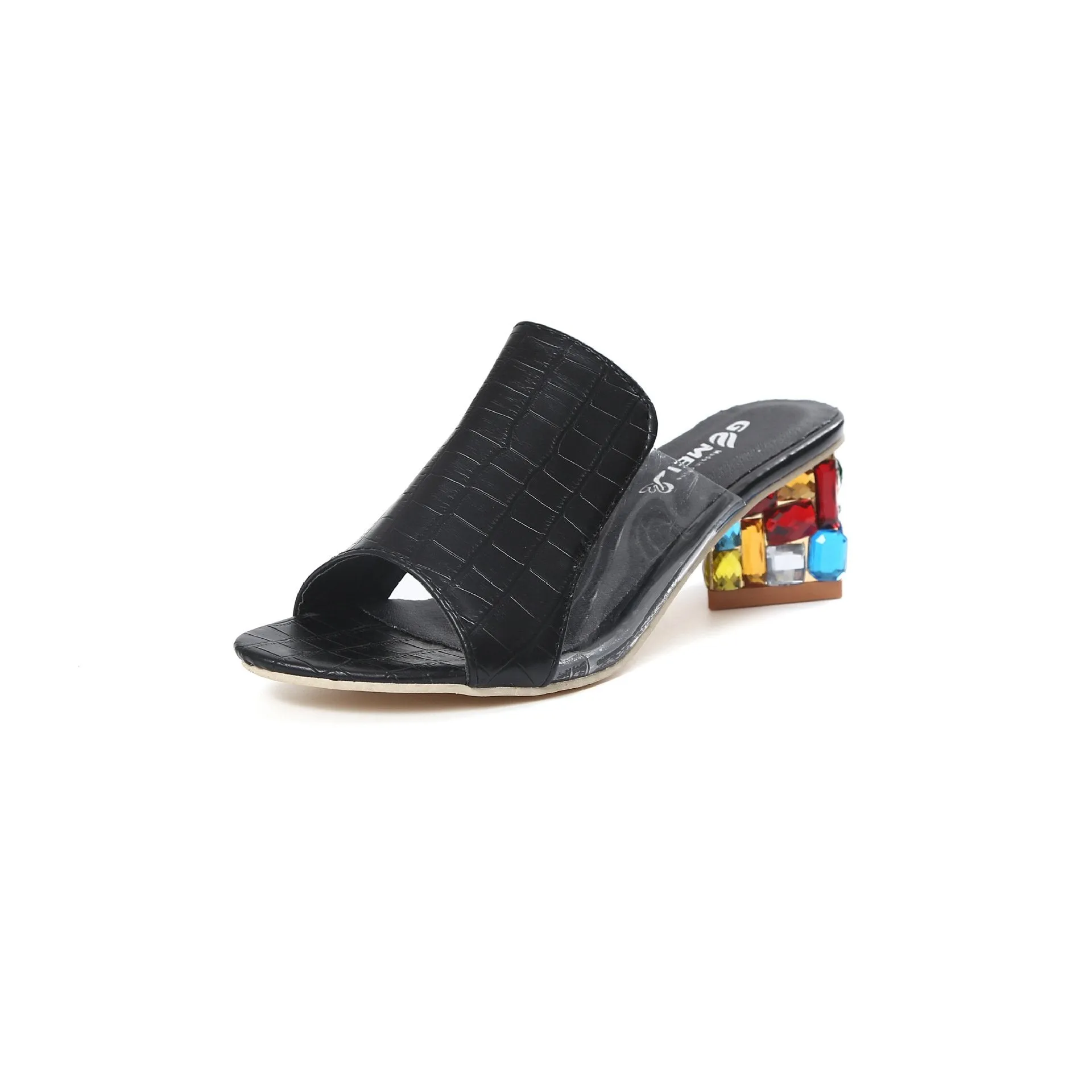 Chicvane Peep Toe Mules Multicolor Rhinestone Chunky Heel Slides Shoes