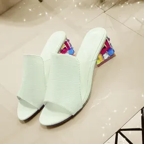 Chicvane Peep Toe Mules Multicolor Rhinestone Chunky Heel Slides Shoes