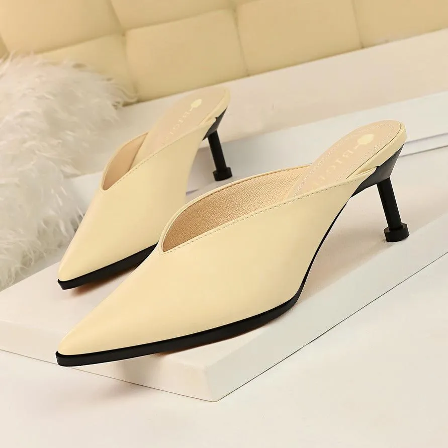 Chicvane Solid Color Pointed Toe Mules Mid Heel Slides Shoes