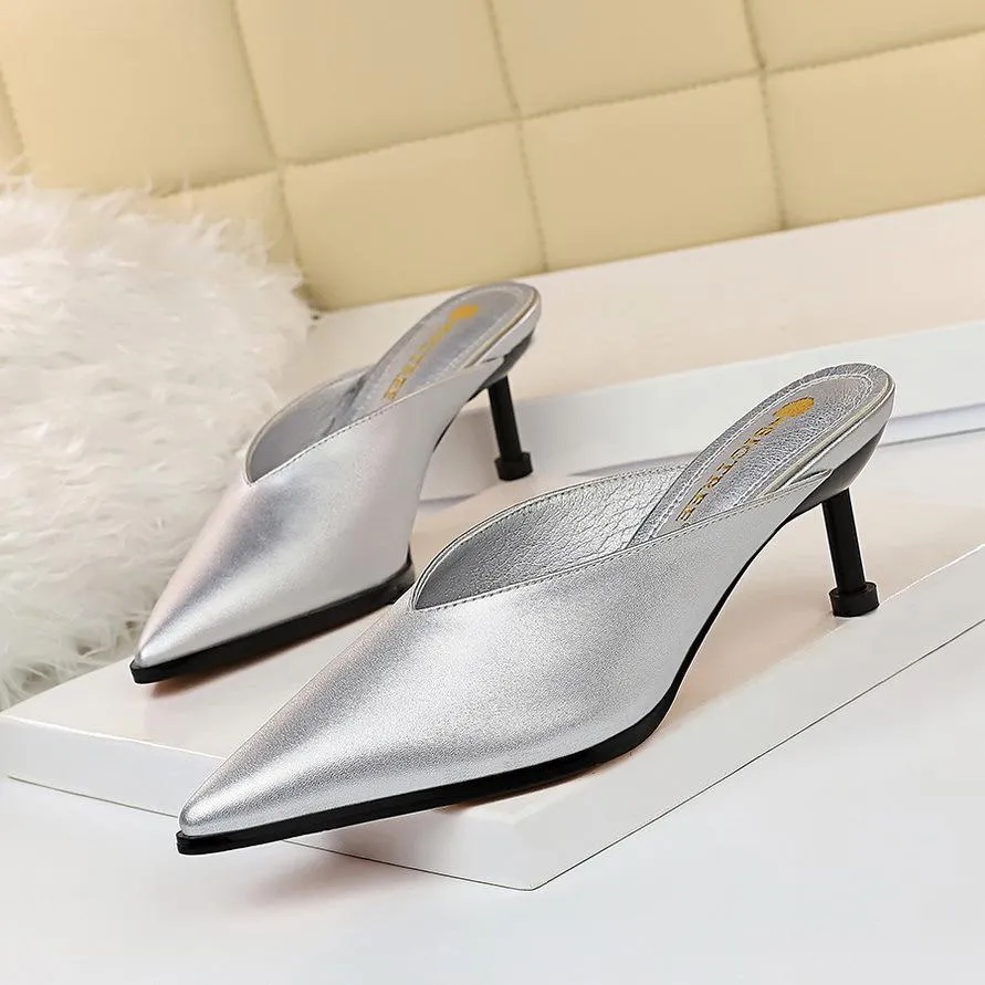 Chicvane Solid Color Pointed Toe Mules Mid Heel Slides Shoes