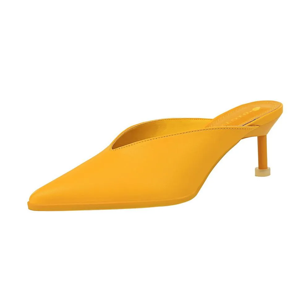 Chicvane Solid Color Pointed Toe Mules Mid Heel Slides Shoes