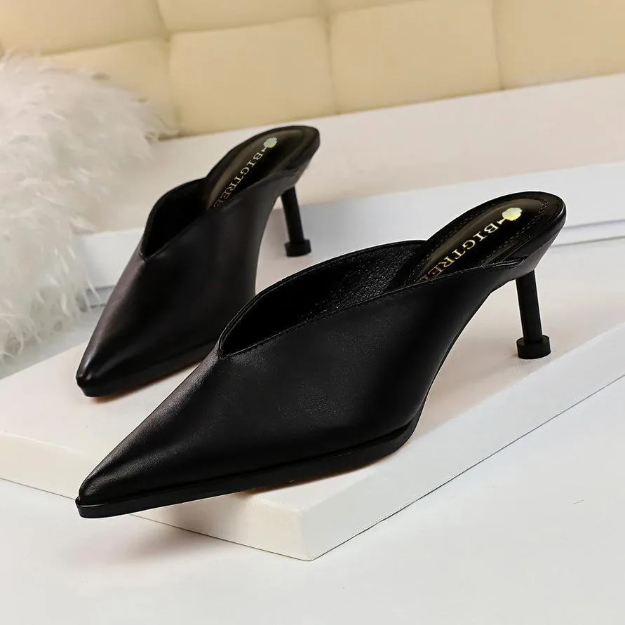 Chicvane Solid Color Pointed Toe Mules Mid Heel Slides Shoes