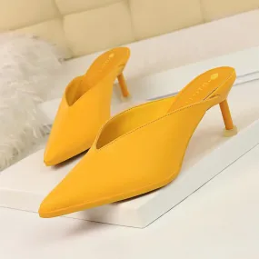 Chicvane Solid Color Pointed Toe Mules Mid Heel Slides Shoes