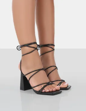 Coco Black Grain Square Toe Strappy Lace Up Block Heels