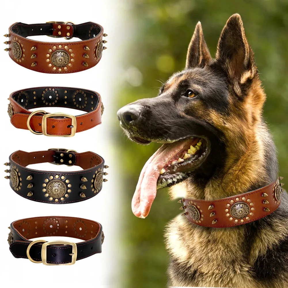 Durable Leather Dog Collar - Spiked & Studded Adjustable Collar for Medium to Large Dogs
