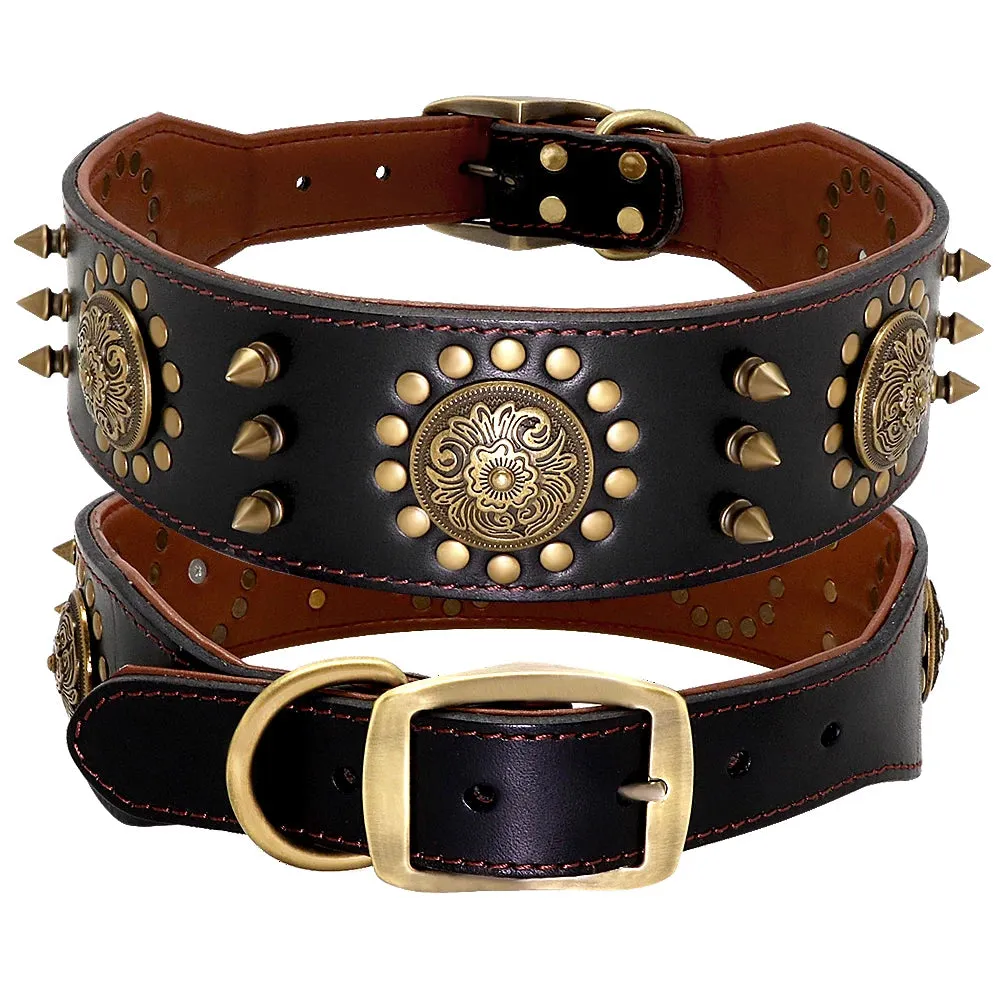 Durable Leather Dog Collar - Spiked & Studded Adjustable Collar for Medium to Large Dogs