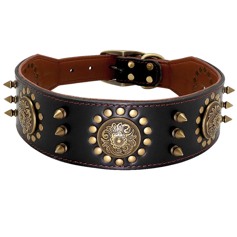 Durable Leather Dog Collar - Spiked & Studded Adjustable Collar for Medium to Large Dogs