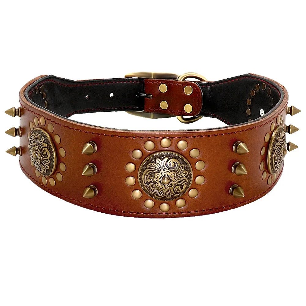 Durable Leather Dog Collar - Spiked & Studded Adjustable Collar for Medium to Large Dogs