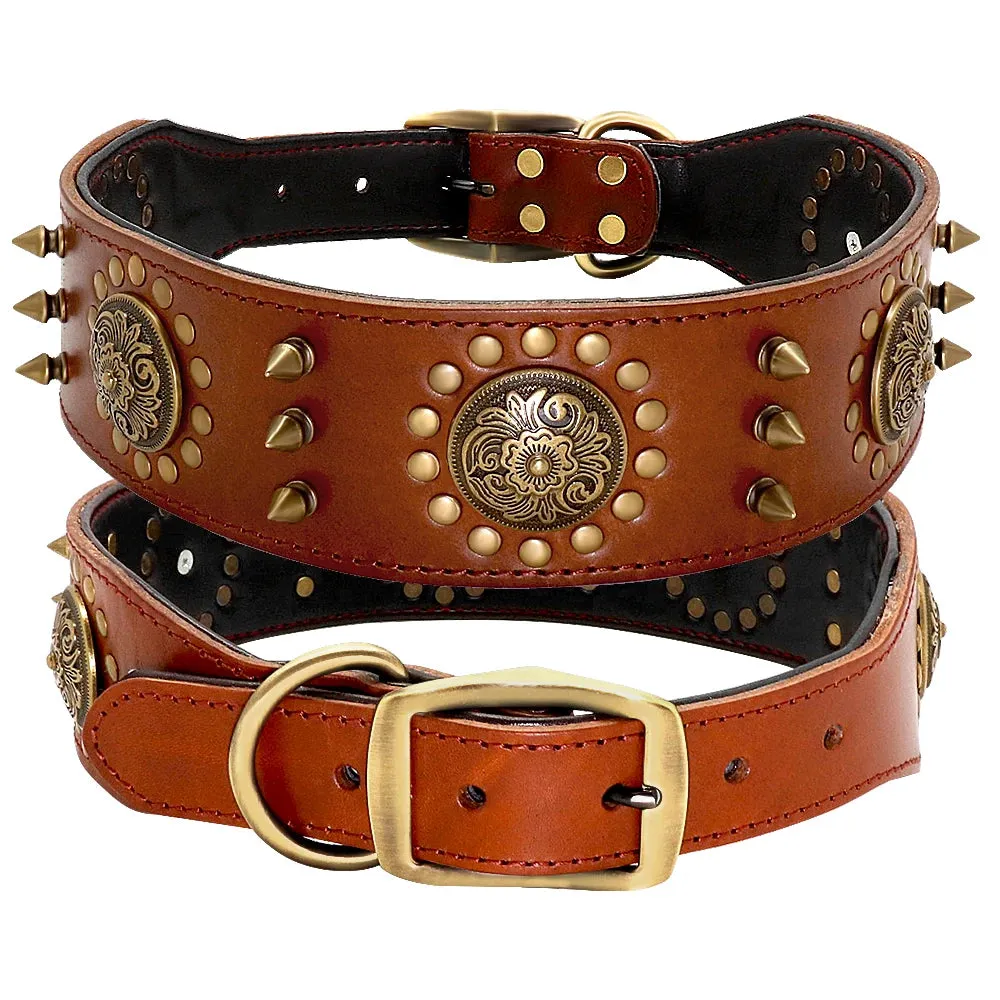 Durable Leather Dog Collar - Spiked & Studded Adjustable Collar for Medium to Large Dogs