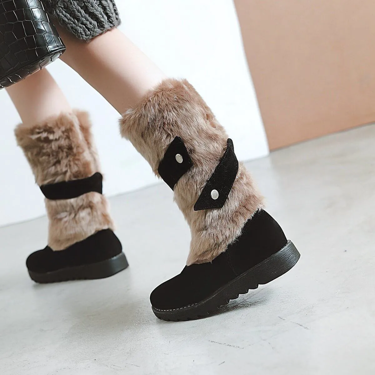 Fur Flat Suede Mid Calf Boots