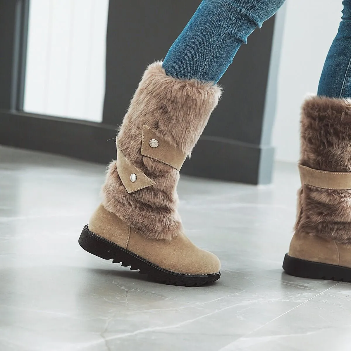 Fur Flat Suede Mid Calf Boots