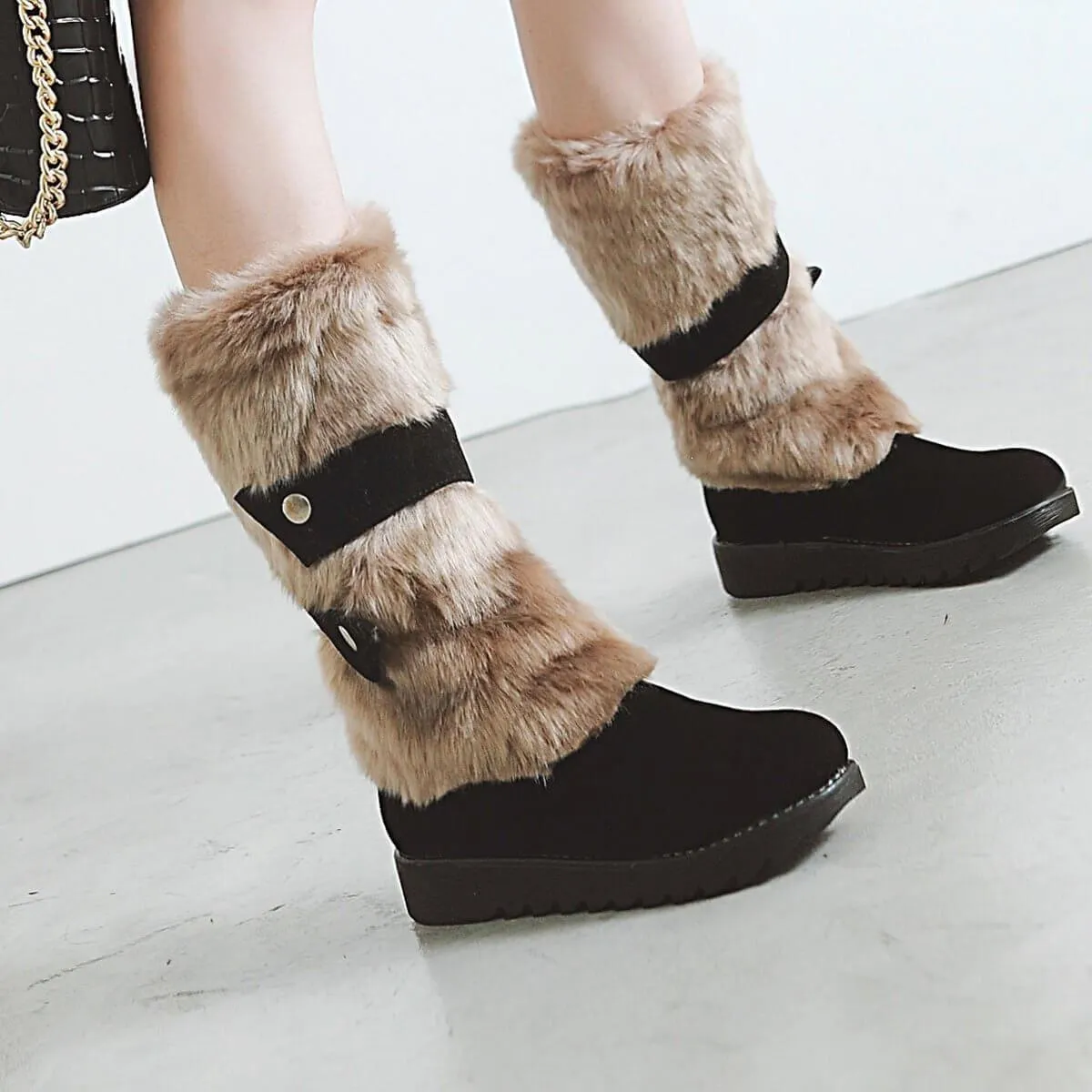 Fur Flat Suede Mid Calf Boots