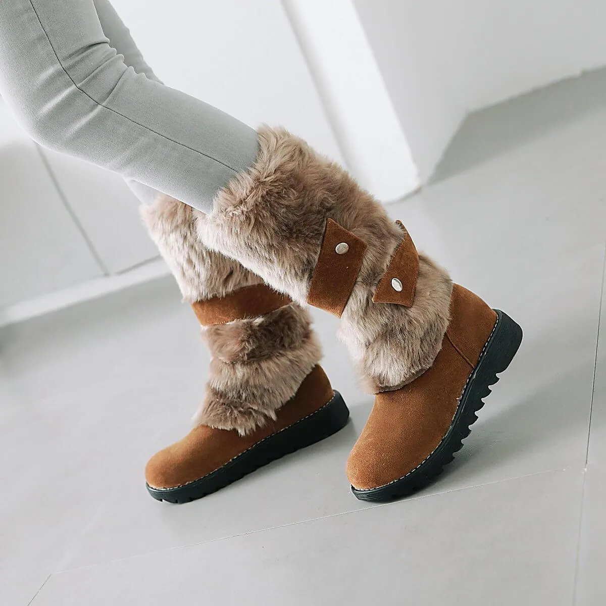 Fur Flat Suede Mid Calf Boots