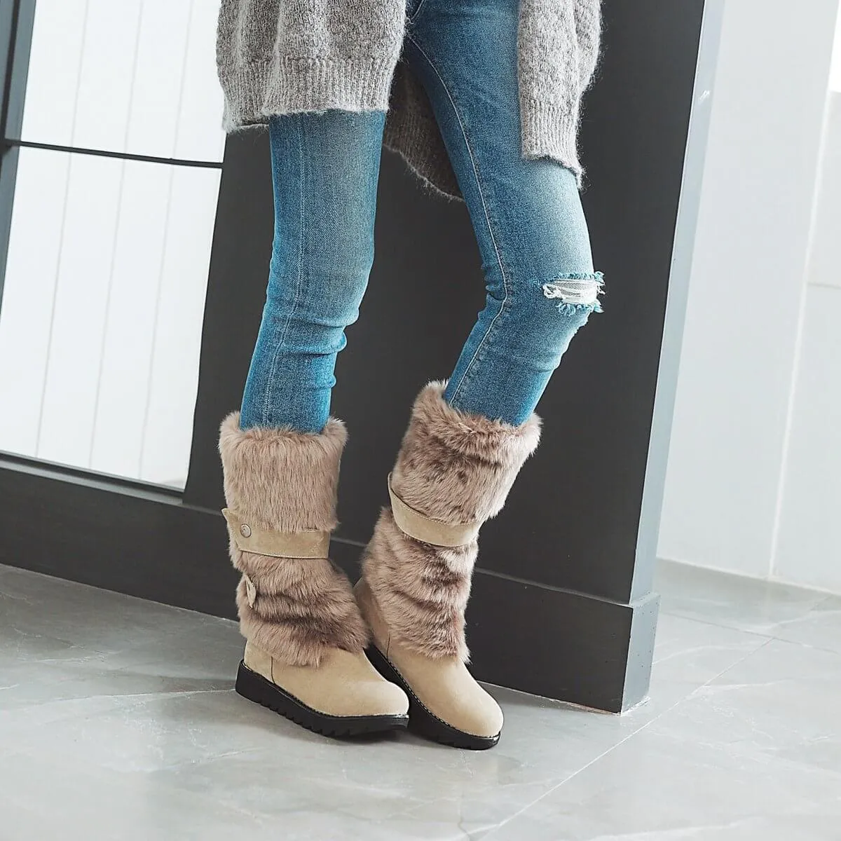Fur Flat Suede Mid Calf Boots