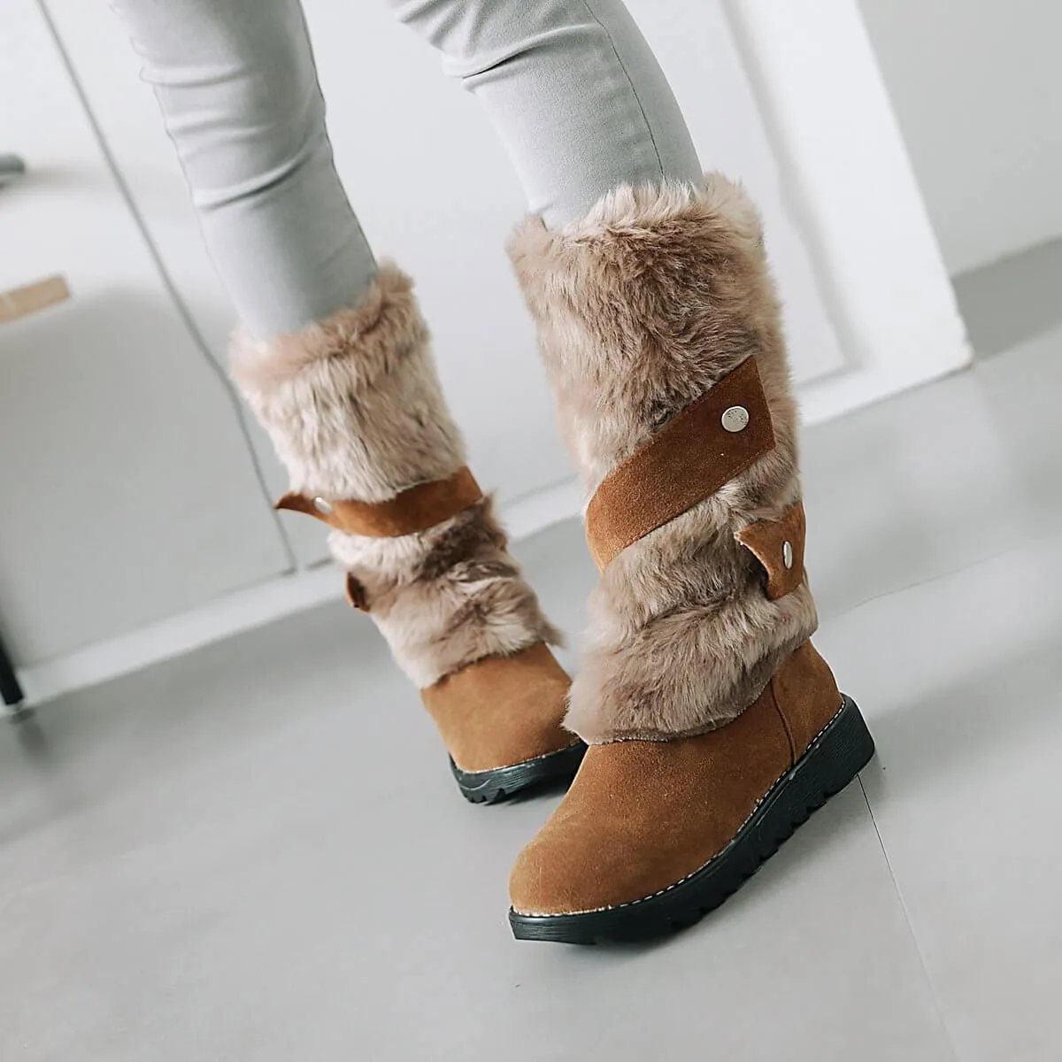 Fur Flat Suede Mid Calf Boots