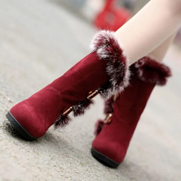 Fur Low Heel Suede Wedge Calf Boots