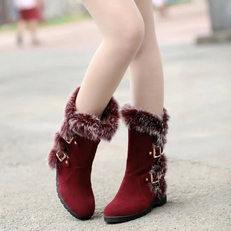 Fur Low Heel Suede Wedge Calf Boots