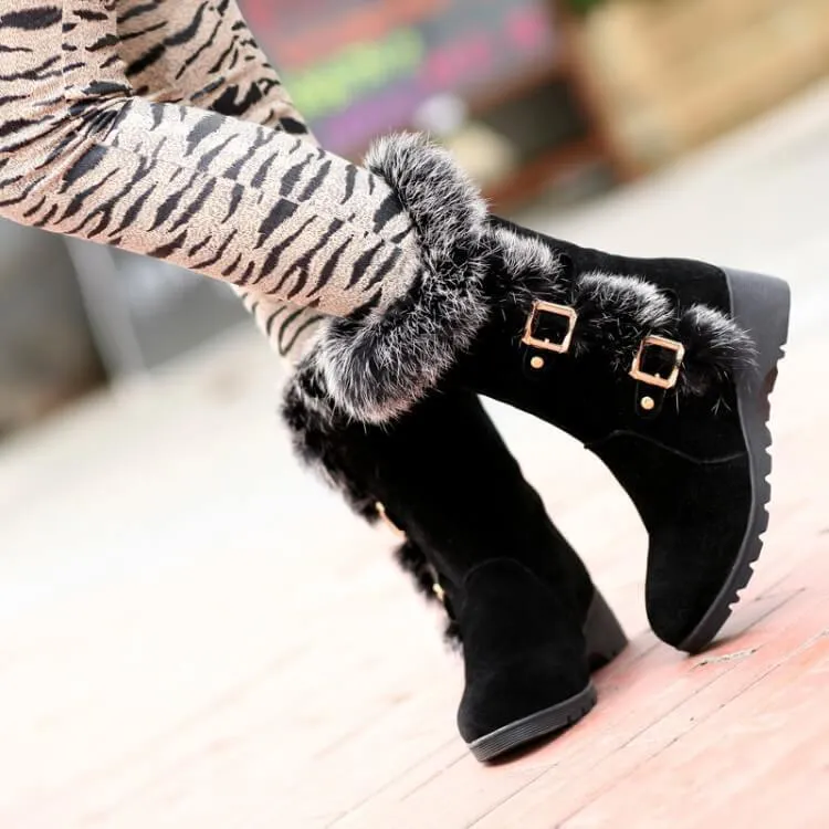 Fur Low Heel Suede Wedge Calf Boots