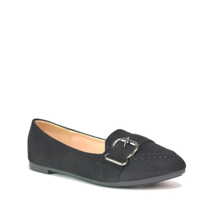 Gunmetal Buckle Pointed Toe Ballerina Black