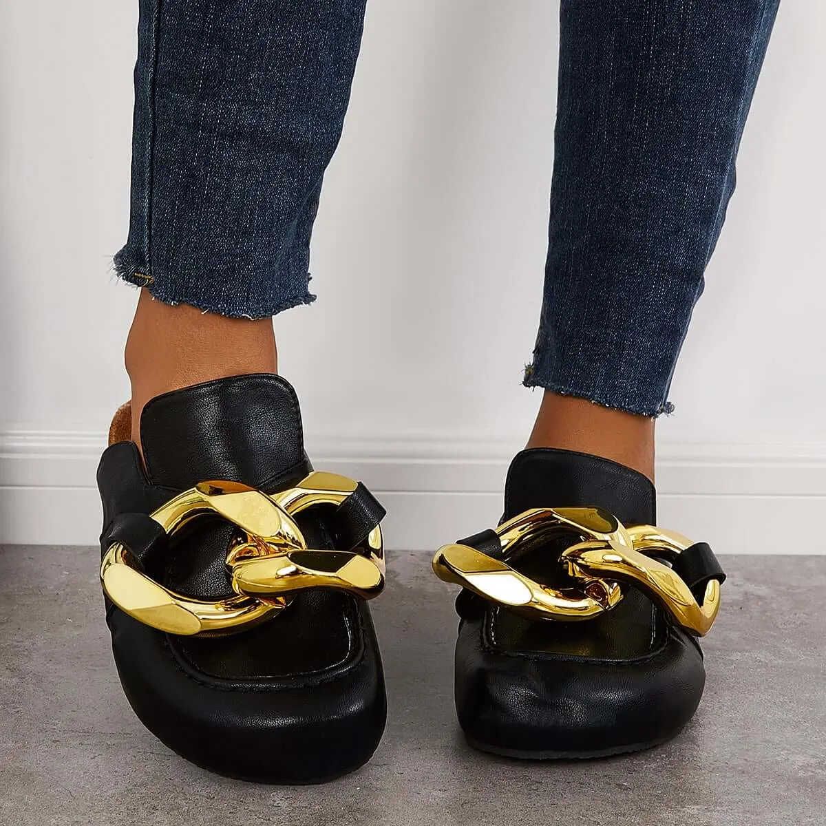 Kimemoda Flat Slip-on Backless Mule Slide Metal Chain Slippers