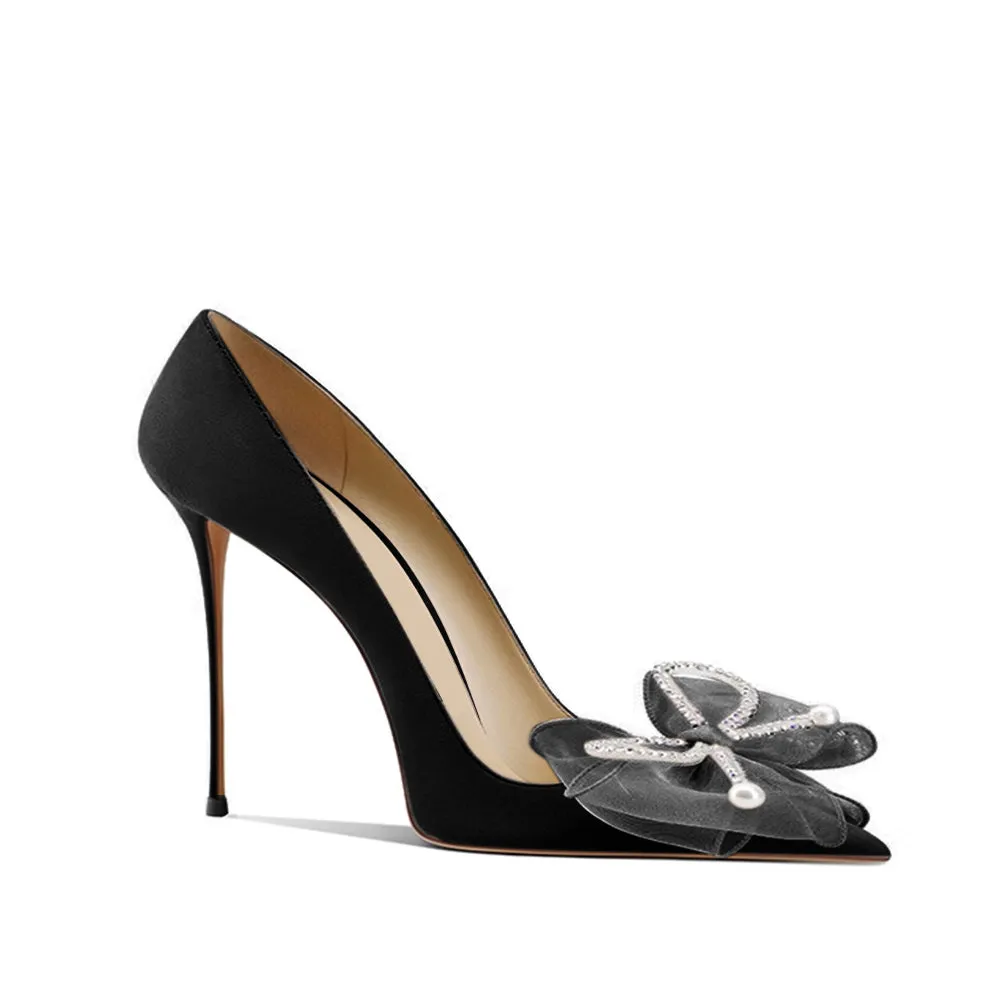 LENOB Diamante Bow Mid Heel Pumps - 8cm