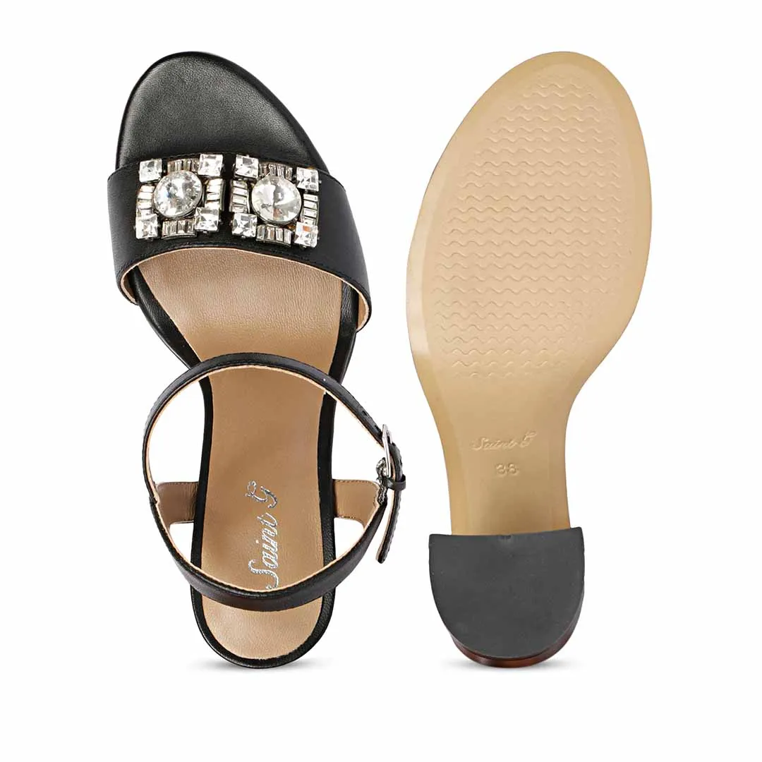 Macy Silver Stone Jewel Black Leather Block Heels