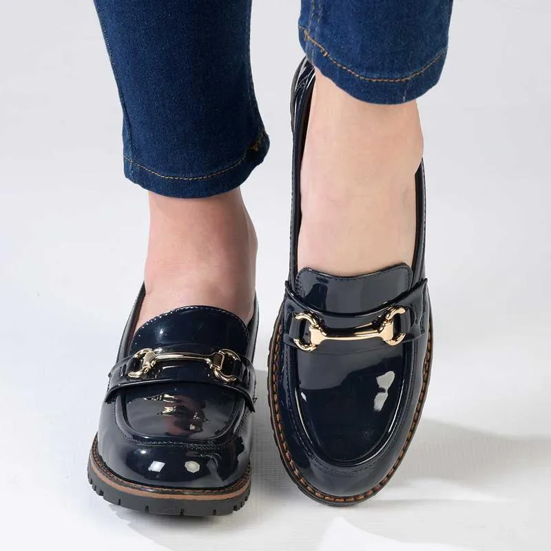 Madison Bentley Trim Cleated Ladies Slip On Loafers - Navy