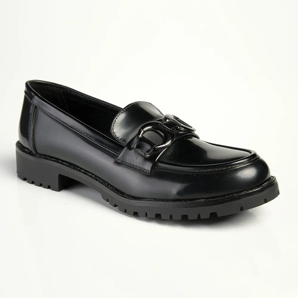 Madison Birdie Trim Cleated Ladies Slip On Loafers - Black Mono