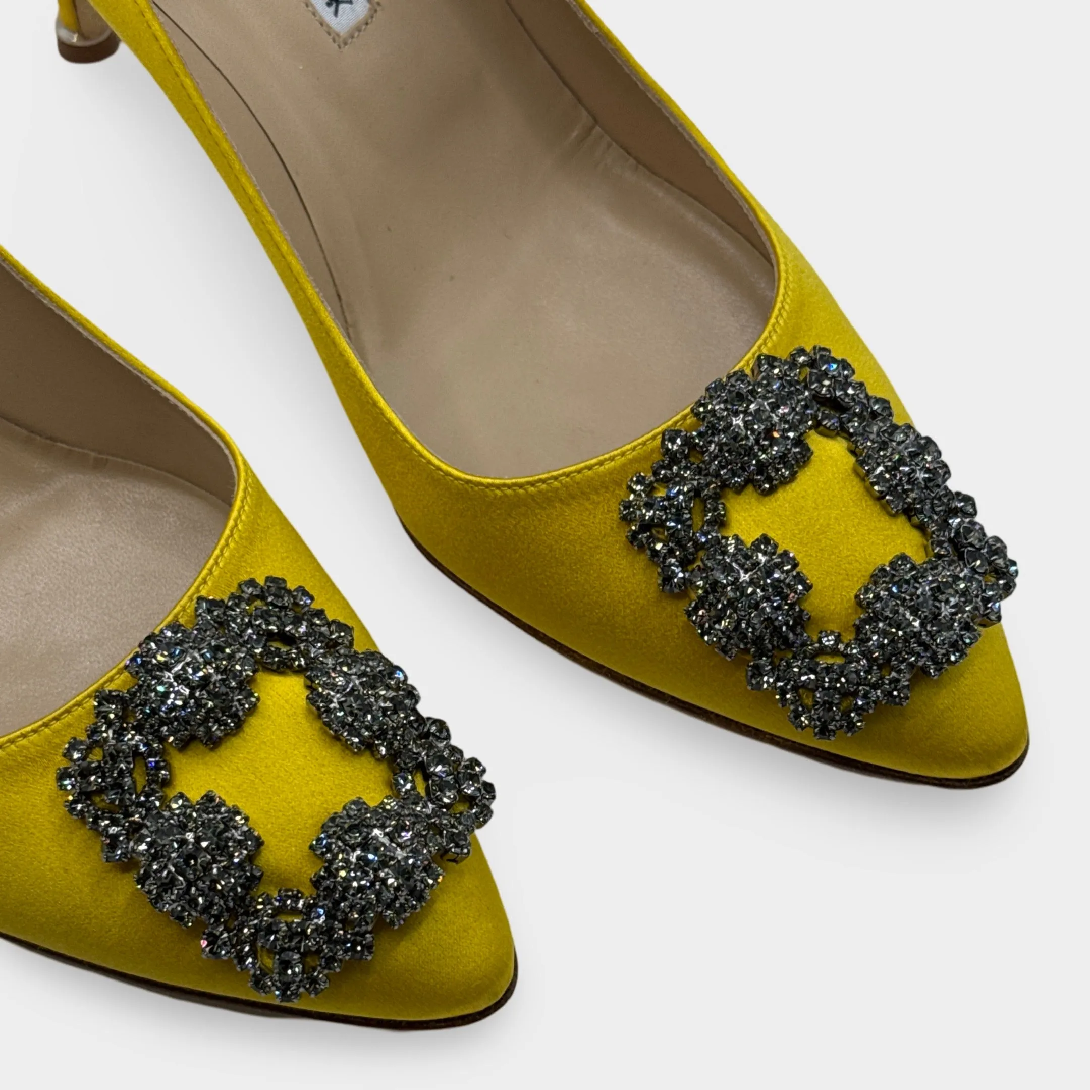 Manolo Blahnik Hangisi Yellow Satin Jewel Buckle Heels