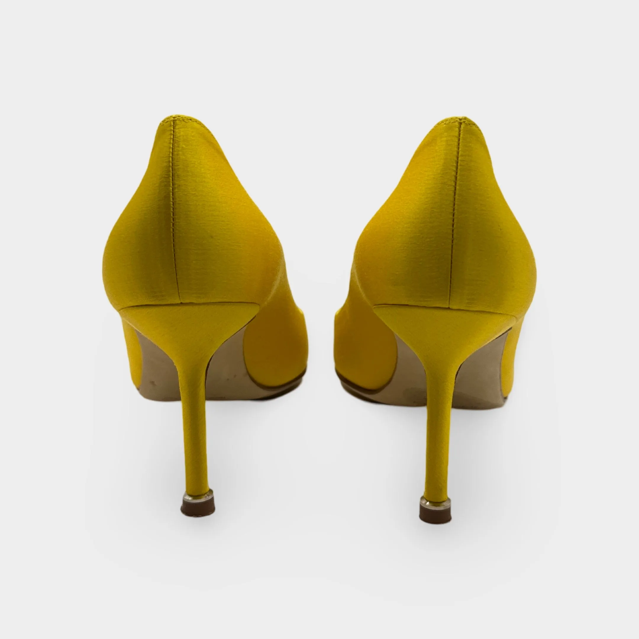 Manolo Blahnik Hangisi Yellow Satin Jewel Buckle Heels
