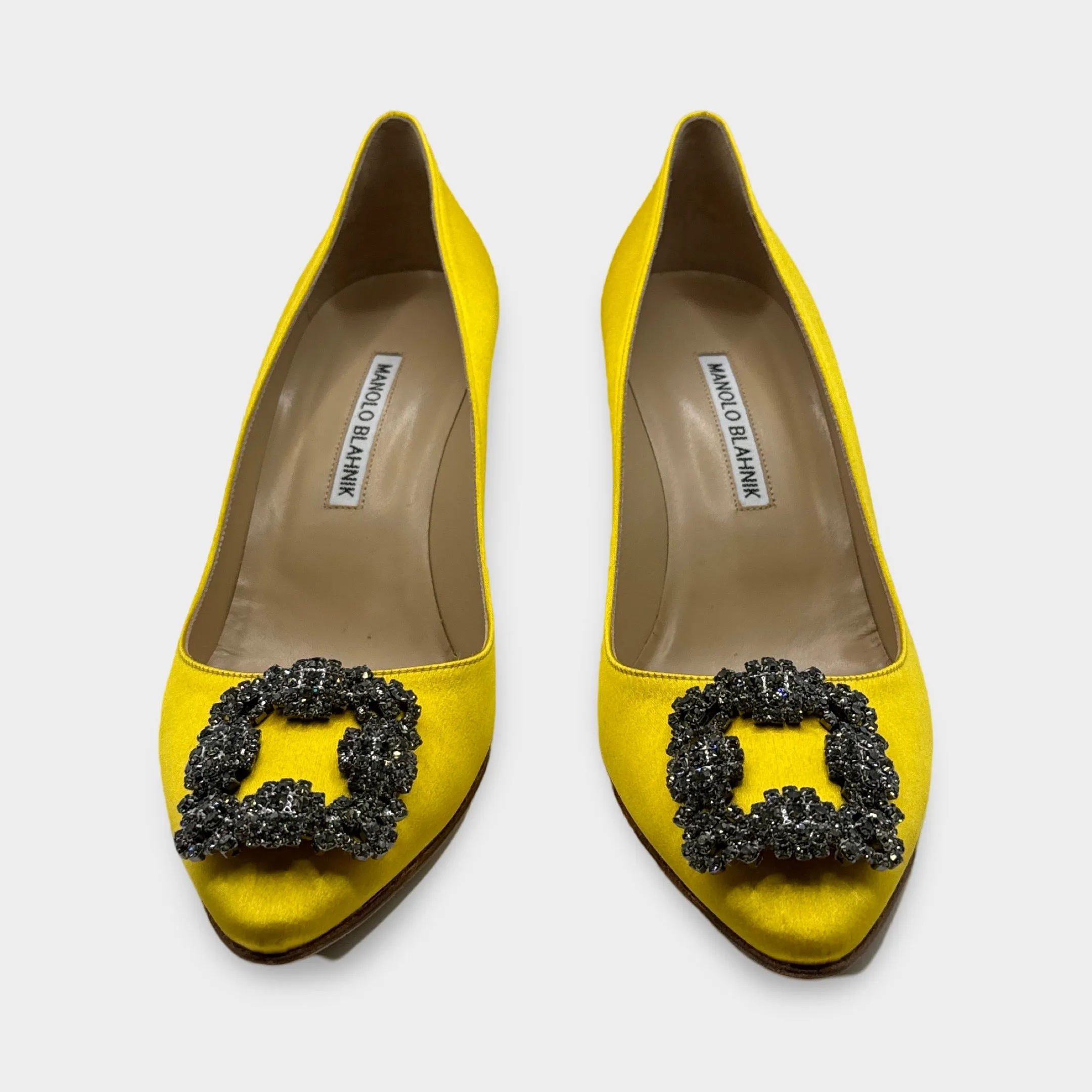 Manolo Blahnik Hangisi Yellow Satin Jewel Buckle Heels