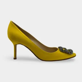 Manolo Blahnik Hangisi Yellow Satin Jewel Buckle Heels