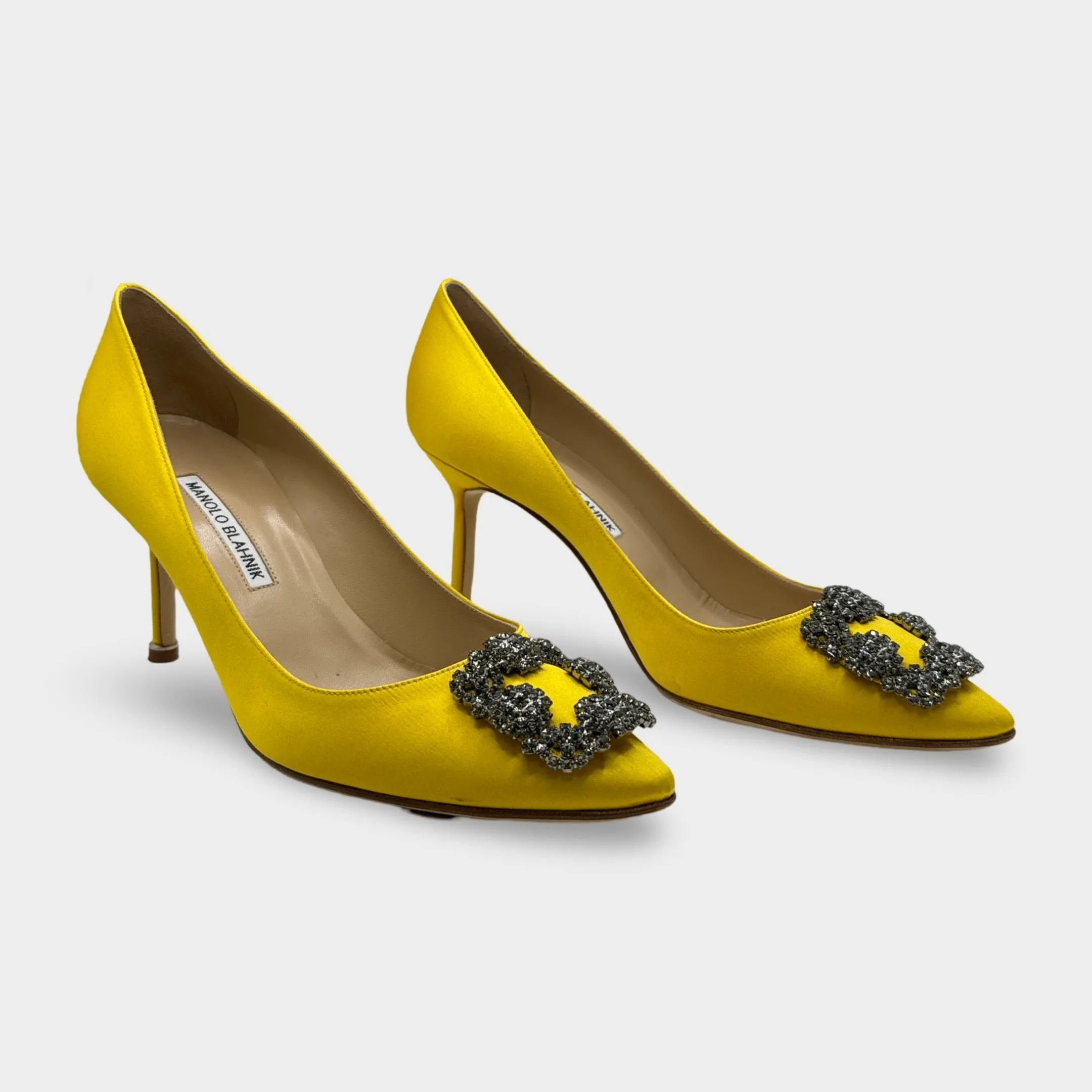 Manolo Blahnik Hangisi Yellow Satin Jewel Buckle Heels